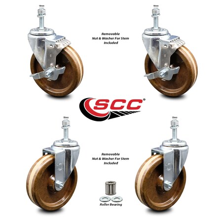Service Caster 5 Inch High Temp Phenolic Wheel Swivel 10mm Threaded Stem Caster Brake, 2PK SCC-TS20S514-PHRHT-M1015-2-TLB-2